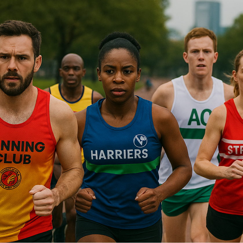Runners wearing custom club vests with text like 'Running Club' and 'Harriers' in an outdoor setting.