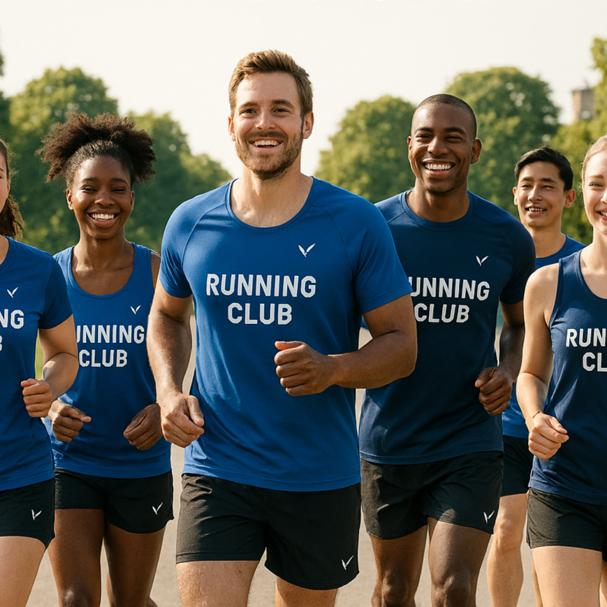 Group of runners wearing 'RUNNING CLUB' shirts with a scenic background
